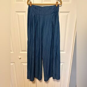 NWOT Soft Chambray Wide-Leg Pants with Front Pleats, Side Slits and Back Pockets